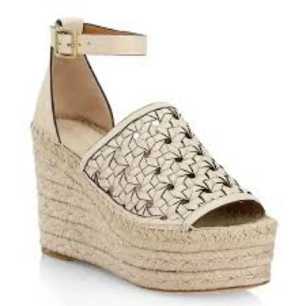 Women’s Tory Burch Cream Leather Espadrille Wedge Platform Sandal Size 7.5M